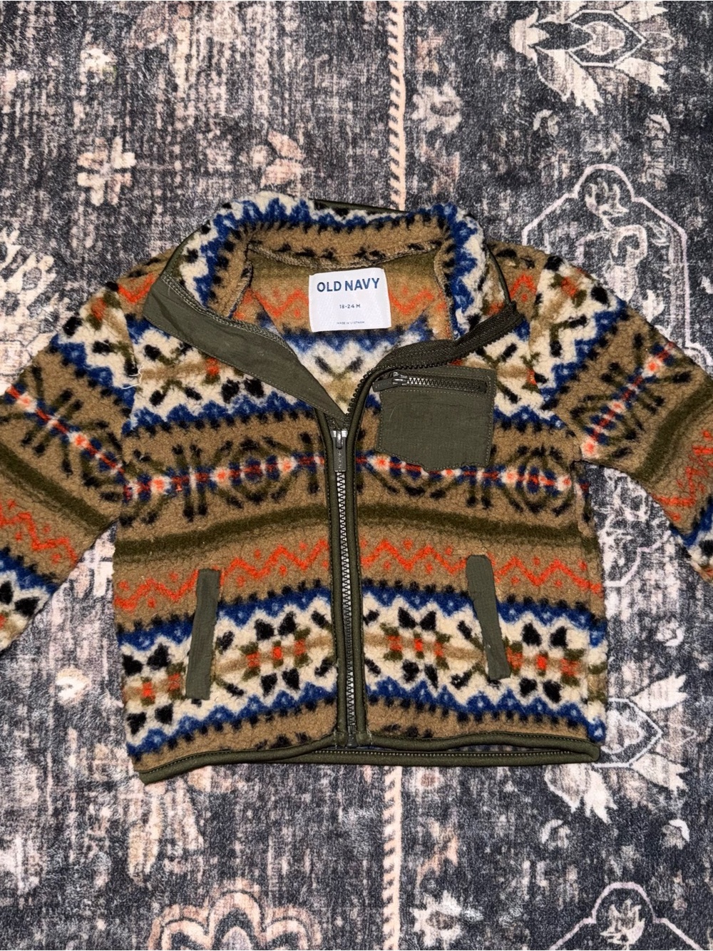 Old Navy Olive Multi-Color Fair Isle Kids Zip Fleece Jacket 18-24M